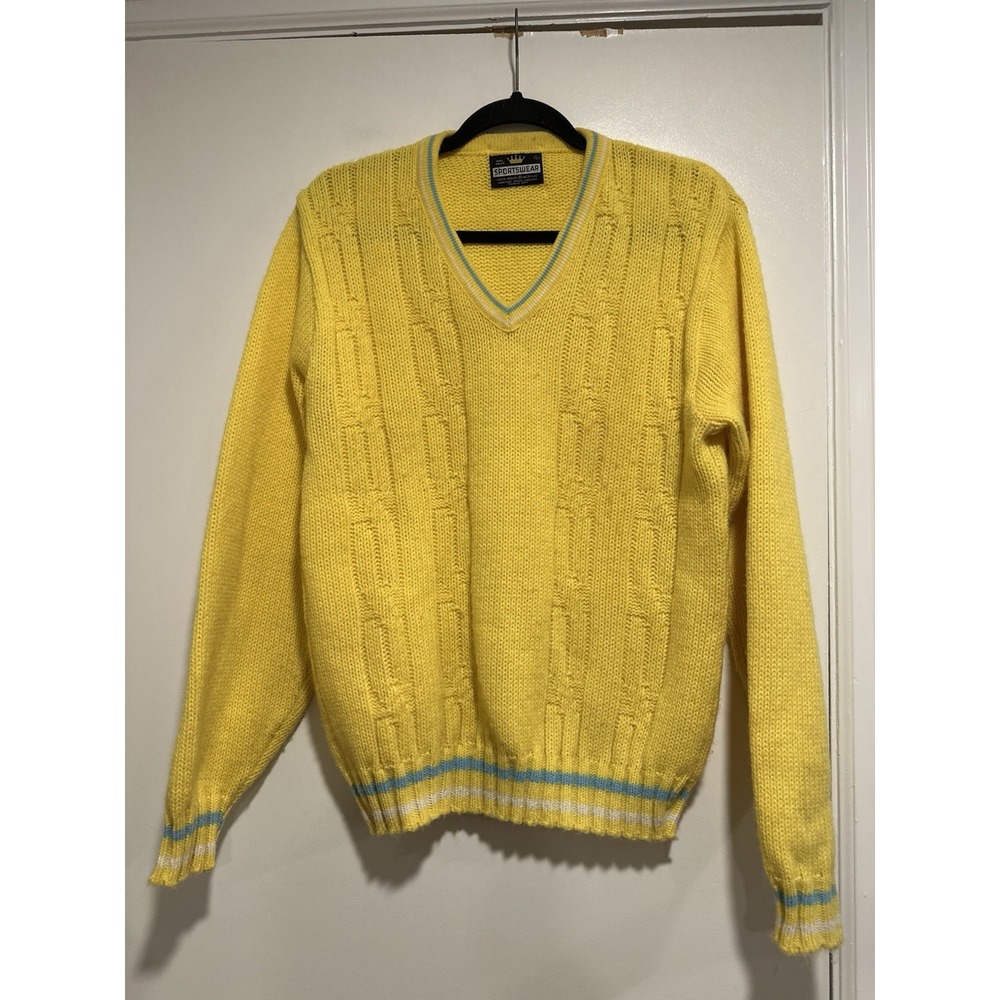 VTG 50s Unisex Sz: L  Bright Yellow VNeck Cable Knit Preppy Varsity Sweater